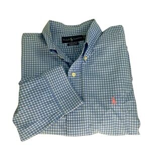 Ralph Lauren Mens SZ 16.5 Gingham Blue White Long Sleeve Button Dress Shirt READ